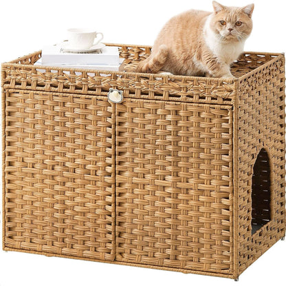 SETVSON Cat Litter Box Enclosure Furniture, Handwoven Rattan Hidden Litter Box with Mat, Large Space Cat House with 2 S-Shaped Hooks 30.3 X 18.3 X 24.4 Inches, Indoor for Living Room Apartment Natural1