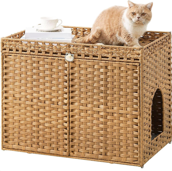 SETVSON Cat Litter Box Enclosure Furniture, Handwoven Rattan Hidden Litter Box with Mat, Large Space Cat House with 2 S-Shaped Hooks 30.3 X 18.3 X 24.4 Inches, Indoor for Living Room Apartment Natural1