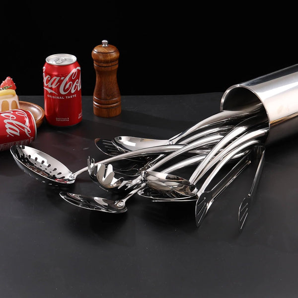 18/10 Stainless Steel Kitchen Utensils Set with Holder for Countertop | 15″ Spatula Spoon Set with Storage Organizer, 12-Pieces, Fork, Tongs, Spatula, Ladle, Skimmer, Turner, Spaghetti, Large Spoon8