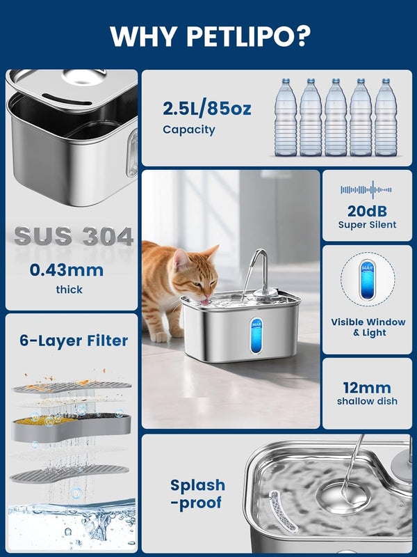 Cat Water Fountain Stainless Steel for Cats Indoor 2.5L 85Oz by Bpa-Free SUS304, Effective 6-Layer Filter Cat Fountain for Drinking 20Db Ultra Quiet Metal Pet Water Fountain (Fountain+1 Filter)2