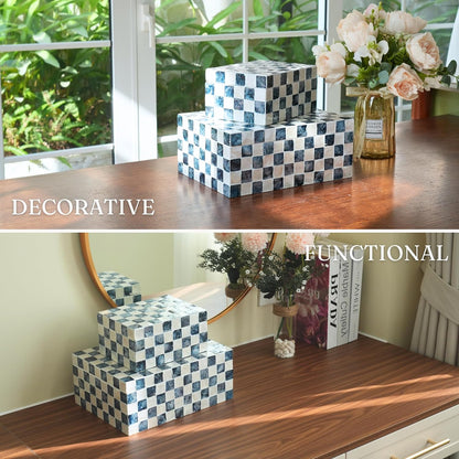12"X8" Decorative Capiz Boxes Keepsake Trunk, Navy Blue, Set 2 | Handmade Capiz Inlaid Keepsake Boxes for Photos, Blue Checkered Boxes, Checkered Box Decor, Blue Storage Box for Bedroom6