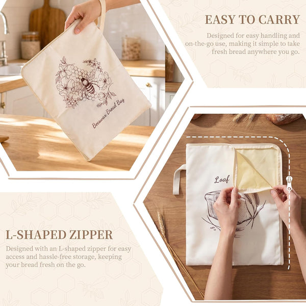 Beeswax Sourdough Bread Bags with Wide Zipper Access, 2 Pack XL 13" X 17" Reusable Linen Cotton Bread Bags for Homemade Bread, Helps Maintain Crust & Freshness (Double-Sided Print Design)5