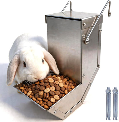 Rabbit Feeder - Small Animal Stainless Steel Gravity Feeding Trough with Lid, Outdoor Durable Cage Feeder Holds Several Days' Food (4 Inch/1.5Lbs)1