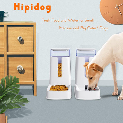 2 Packs Automatic Cat Feeder and Waterer, Gravity Dog Food and Water Dispenser Set for Small Medium Big Pets Cats Dogs Puppy Kitten, 1 Gallon X 2 (White)2