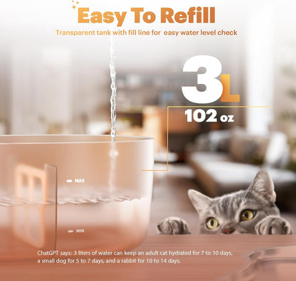 Cat Water Fountain Pumpless, Pet Fountain for Cats Indoor, 3L/102Oz, Automatic Cat Water Dispenser, Stainless Steel Tray, Battery Operated Cordless with Motion Sensor6