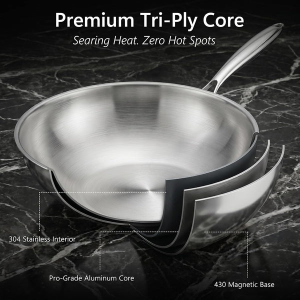 4.2 QT Tri-Ply Stainless Steel Wok Pan with Lid, 12" Flat Bottom Stir Fry Skillet for Asian Cuisine, Premium 18/10 Induction Cookware for 3-4 Servings, Oven Safe3