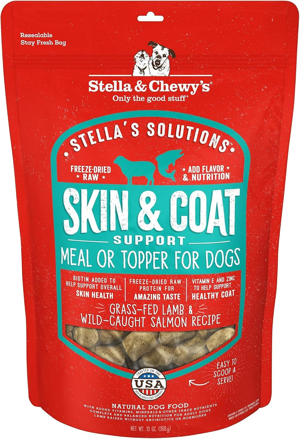 stella-chewys-stella-s-solutions-skin-coat-boost-grass-fed-lamb-wild-caught-salmon-dinner-morsels-freeze-dried-raw-protein-rich-grain-free-dog-food-4-25-oz-bag