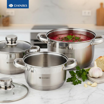 Standard 6-Piece Stainless Steel Cookware Set with Glass Lid, Tri-Ply Bases for Even Heating, Induction Compatible, Dishwasher Safe, Built-In Measuring Scale, Silver9