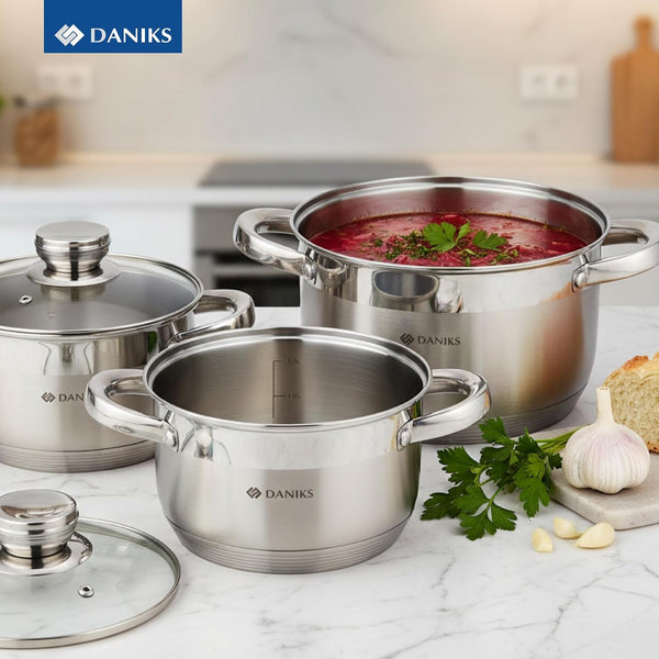 Standard 6-Piece Stainless Steel Cookware Set with Glass Lid, Tri-Ply Bases for Even Heating, Induction Compatible, Dishwasher Safe, Built-In Measuring Scale, Silver9