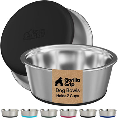 GORILLA GRIP Dog Bowls, Food Grade 304 Stainless Steel, Holds 2 US Cups Each (16 Fl Oz) Food and Water Bowl for Feeding Dogs and Cats, Dishwasher Safe, Rust Resistant BPA Free Rubber Base, 2 Set Black1