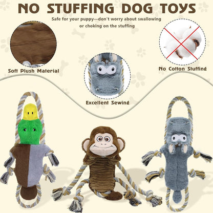 3 Pack No Stuffing Squeaky Dog Toys, Tug of War Dog Toy with Rope | Interactive, Squeaker & Crinkle Paper, Durable for Teeth Cleaning, Anxiety Relief, Dog Gifts for Small, Medium Dog4