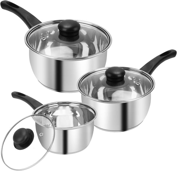 3Pcs Stainless Steel Saucepan Set, Kitchen 1QT & 2QT & 3QT Pot Set with Lid Triply Base Sauce Pot for Cooking Stainless Steel Cookware Set1