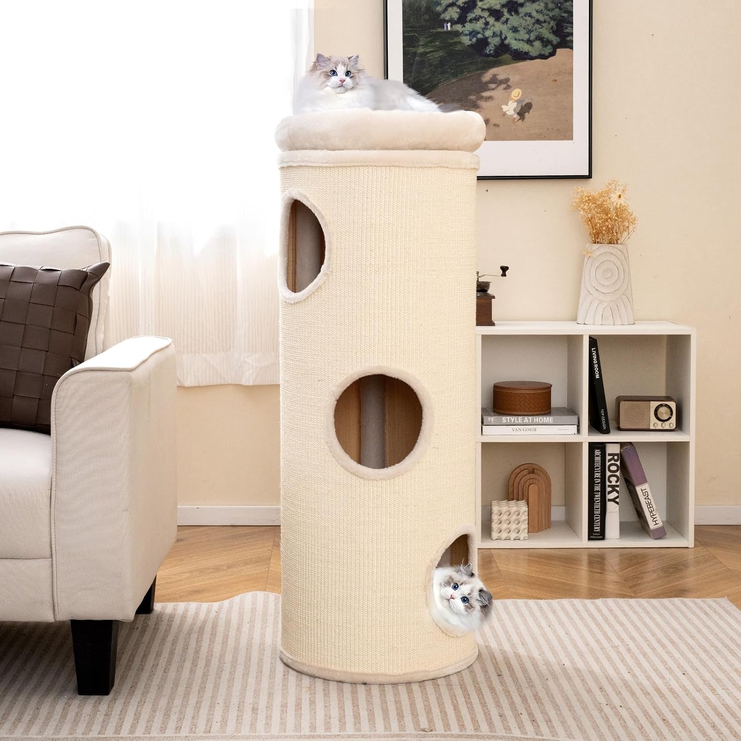 tangkula-4-story-cat-tree-condo-49-barrel-shaped-cat-house-with-detachable-sisal-scratching-board-3-hideaways-removable-soft-top-plush-bed-interior-bamboo-mat-modern-cat-tower-for-indoor-cats