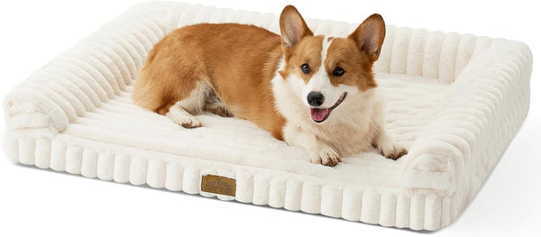 COZY KISS Ultra Soft Faux Rabbit Fur Dog Bed for Medium Dogs – 36"X27" Orthopedic Foam Couch, Removable Washable Cover & Waterproof Lining, Cream1