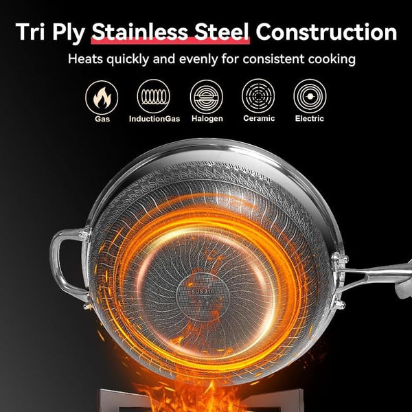 Wok Pan,Honeycomb Stainless Steel Wok Pan with Lid, 13.3 Inch Hybrid Nonstick Stir Fry Pan Flat Bottom, Induction Compatible, Dishwasher Safe, No Seasoning Needed (Serves 3-4)5