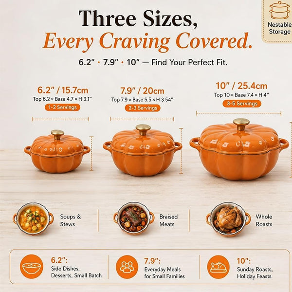 Pumpkin Dutch Oven Pot with Lid, Enameled Cast Iron Pumpkin Cookware, Even Heating Pumpkins Pot for Soup Stew Bread Baking, Dual Handles, Fall Decor，Orange A(1.5 Qt)7