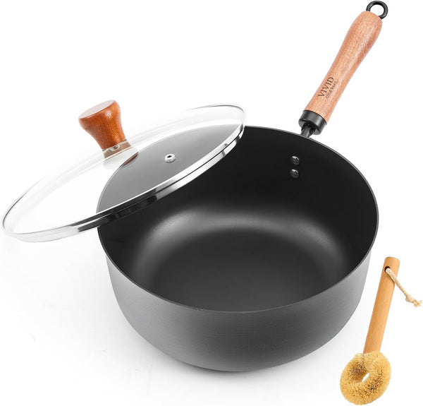 4 Qt Nitrided Carbon Steel Deep Wok with Lid, Flat Bottom | Deep 4 Qt Nitrided Steel for Braising, Soups, Noodles and One-Pot Meals; Wooden Handle; Gas, Electric and Induction Ready.1
