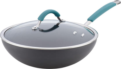 Cucina Hard-Anodized Nonstick Covered Stir Fry Pan, 11-Inch, Gray, Agave Blue Handles1