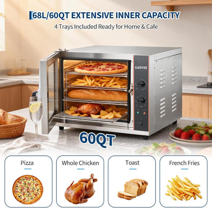 Commercial Convection Oven Countertop, 68L/60Qt, 1750W Toaster, 4-Tier Electric Oven W/Front Glass Door, Trays Wire Racks Clip Gloves, 120V3