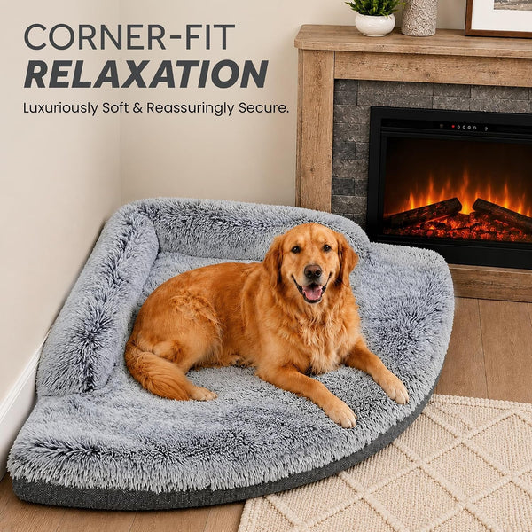Corner Dog Bed Large, 39" Calming Fluffy Orthopedic Pet Beds, Grey | Space Saving Plush Corner Nest,Egg-Crate Foam, Washable Cover, Waterproof Liner, Non-Slip Bottom and Bolsters for Large Dogs2