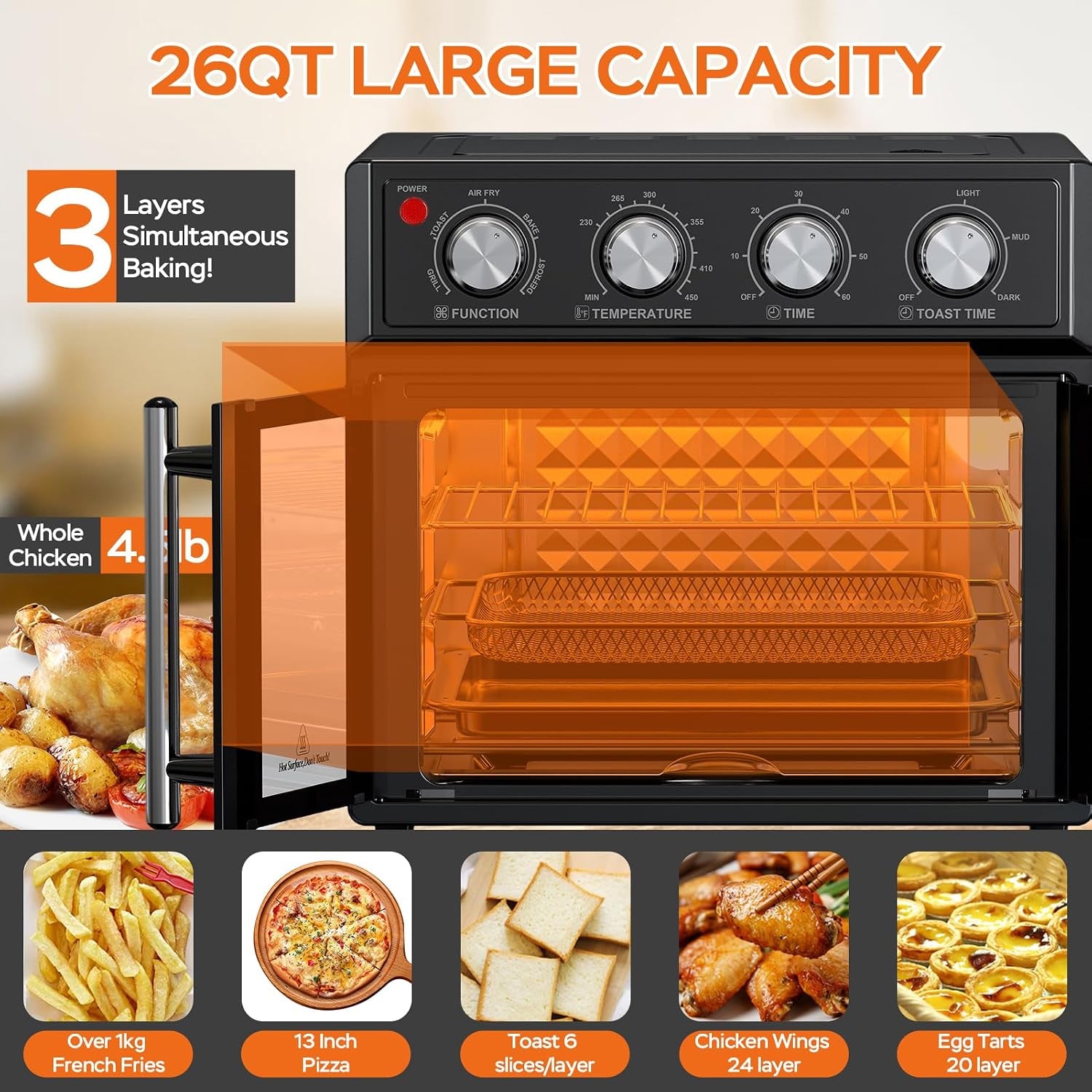 26qt-air-fryer-toaster-oven-combo-french-doors-7-preset-menus-1700w-stainless-steel-convection-countertop-oven-for-bake-roast-grill-toast-dehydrate-defrost-easy-to-clean-black