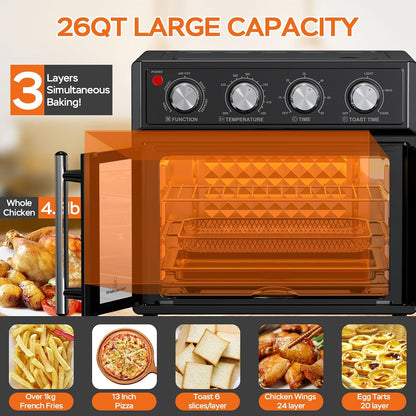 26QT Air Fryer Toaster Oven Combo - French Doors & 7 Preset Menus, 1700W Stainless Steel Convection Countertop Oven for Bake, Roast, Grill, Toast, Dehydrate, Defrost, Easy to Clean (Black)3