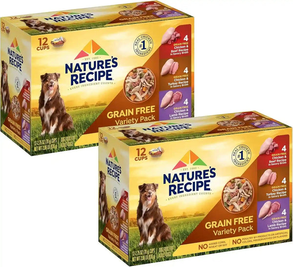 Nature'S Recipe Grain Free Wet Dog Food Variety Pack, Chicken Recipes with Beef, Turkey & Lamb in Savory Broth, 2.75 Oz. Cups (Pack of 12), 2 Count1