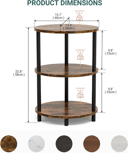 Round Small End Table - 3 Tier Oval Accent Table for Small Spaces, Rustic Wood and Metal Couch Side Table, Nightstand for Bedroom or End Table Living Room, Easy to Assemble, Rustic Brown2