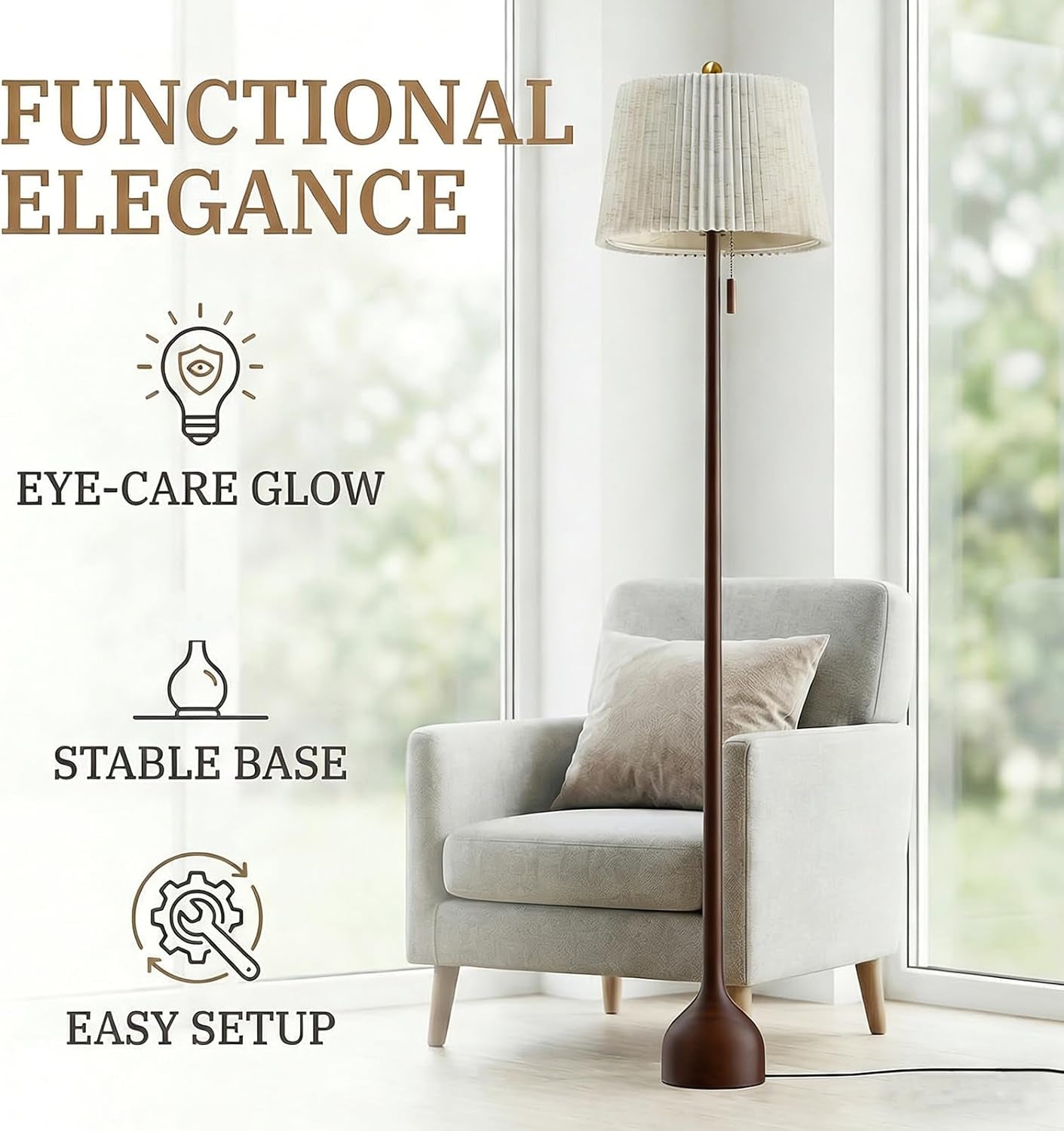 mid-century-modern-real-wood-floor-lamp-with-2-shades-for-two-looks-65-tall-sculptural-teardrop-base-wooden-pull-chain-vintage-standing-lamp-linen-shades-living-room-bedroom-bulb-included