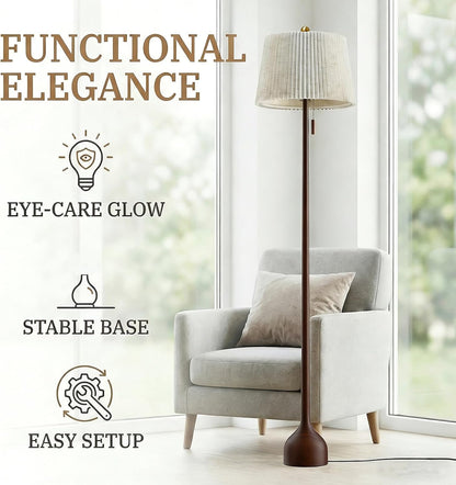 Mid Century Modern Real Wood Floor Lamp with 2 Shades for Two Looks | 65" Tall,Sculptural Teardrop Base,Wooden Pull Chain,Vintage Standing Lamp,Linen Shades,Living Room,Bedroom, Bulb Included2