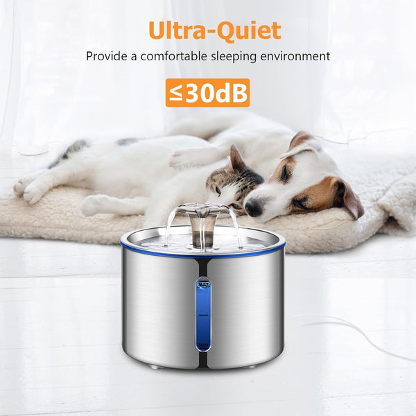 BOORCA Cat Fountain, 84Oz/2.5L Stainless Steel Pet Water Fountain, Automatic Dog Water Dispenser, Water Level Window, Ultra-Quiet Pump, Perfect for Cats, Dogs and Multiple Pets, 4 Filters4