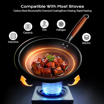 Carbon Steel Wok Pan, Natural Non-Stick Woks & Induction Wok with Removable Wood Handle, Glass Lid & Spatula - for All Stovetops, Stir-Fry, Searing4