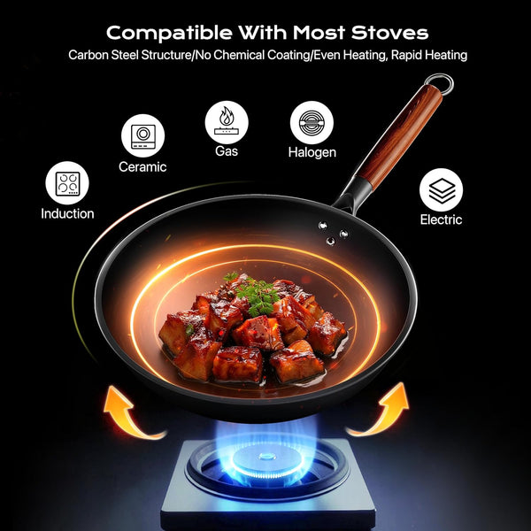 Carbon Steel Wok Pan, Natural Non-Stick Woks & Induction Wok with Removable Wood Handle, Glass Lid & Spatula - for All Stovetops, Stir-Fry, Searing4