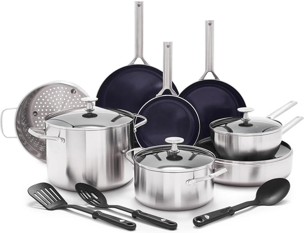 15 Piece Stainless Steel Tri-Ply Cookware Pots and Pans Set, Induction Compatible, Diamond Infused Pfas-Free Ceramic Nonstick, Dishwasher & Metal Utensil Safe, Scratch Resistant, Silver1