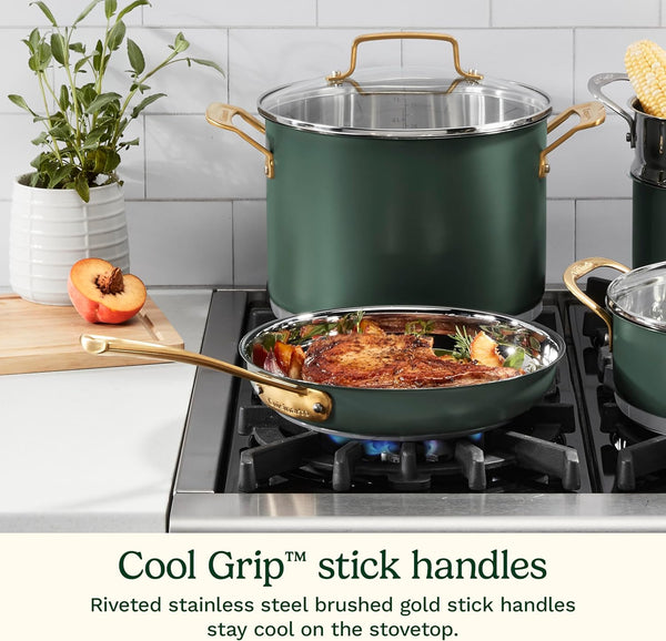 Cookware Set, 11 Piece Stainless Steel Cookware Pots and Pans, Home and Kitchen Durable Stainless Steel for Everyday Cooking, Matte Thyme, MT89G-115