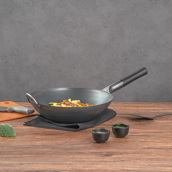 Carbon Steel Wok 1 Pack of 13.3 Inch Heavy-Duty Uniform Heat Distribution Pan Induction Compatible Flat Bottom Wok Welded Handle Black for Gas Stovetops and Grills8