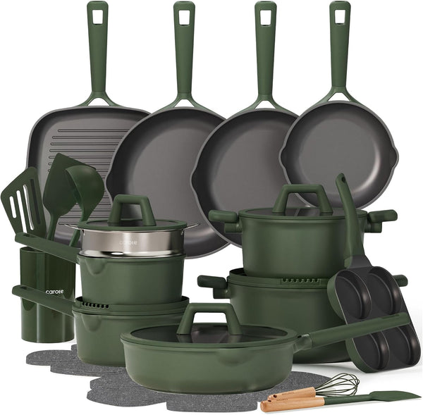 31Pcs Pots and Pans Set, Nonstick Cookware Set | Egg Pan, Steamer & Durable Silicone Utensils, Even Heating, All-Stovetop Compatible, Green1