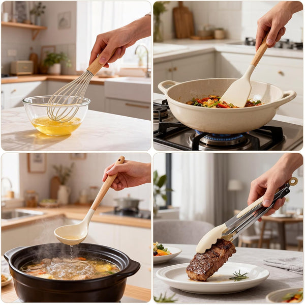 Silicone Cooking Utensil Set,12 PCS Cooking Cookware Kitchen Utensils Set for Cooking, Nonstick 446°F Heat-Resistant Cookware Kitchen Tools of Spoon,Brush,Whisk,Spatula,Turner Tongs (Khaki)8