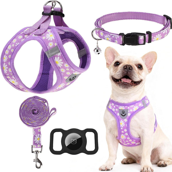 EXPAWLORER Plaid Small Dog Harness and Leash Set with Airtag Holder - No Pull Soft Padded Step in Dog Vest Harness Medium Sized Dog, Reflective Puppy Harness, Collar and Leash for Walking, Khaki S13