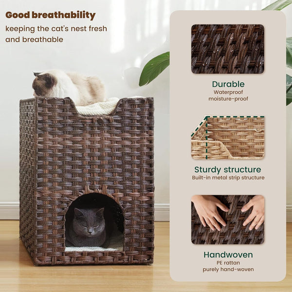 Cat Bed for Indoor Cats, a Stylish Cat Hideaway & Cat House - Handwoven Rattan Cat Cave Bed with Soft Cushion, Foldable Cat Cubes for Indoor Cats, Sturdy Cat Perch & Furniture Coffee Brown5
