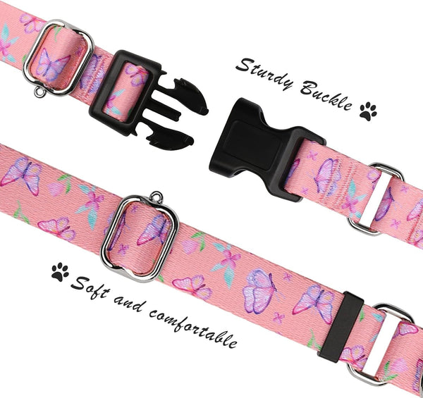 Hikiko Martingale Collar for Dogs Adjustable Soft Nylon Dog Collars with Cute Patterns for Small Medium Large Dog（Pink Butterfly,Medium）2