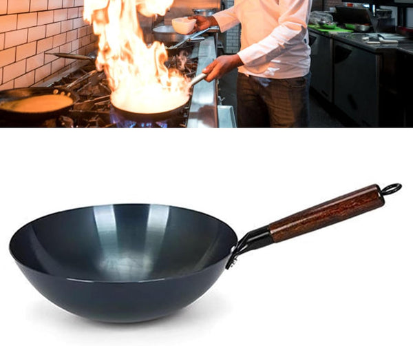 Iron Wok Stir Fry Pan, Chinese Traditional round Bottom Uncoated Nonstick Wok Wooden Single Handleiron Pot for Home and Restaurant(34Cm)6