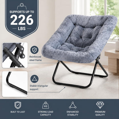 Oversized Square Moon Chair for Adults, Soft Faux Fur Folding Lounge Chair with Sturdy Steel Frame, Comfortable Reading Gaming Chair for Living Room, Bedroom, Grey4