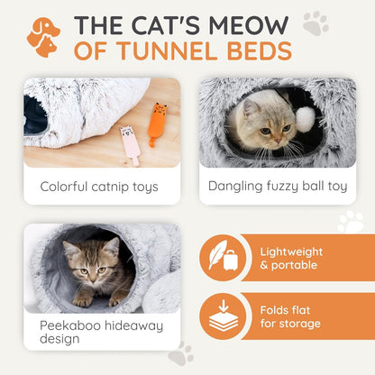 3-In-1 Cat Tunnel Bed – Cat Tunnels & Cat Beds for Indoor Cats with Catnip Toys – Cat Bed Cave & Peekaboo Cat Hideaway – Foldable Interactive Cat, Kitty & Kitten Toys3
