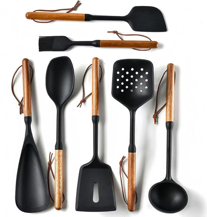 Exquisite Silicone Cooking Utensils Set - Non-Toxic, Heat-Resistant Kitchen Utensils Set with Food-Grade Silicone & Wood Handles - Includes Spatula & Spoon for Non-Stick Cookware, Black1
