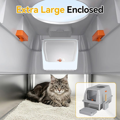 XL Enclosed Stainless Steel Litter Box with Lid, Light Gray | Covered, High Sided, Rustproof & Leak Proof, Easy Clean, Odor Control, Includes Scoop & Step3