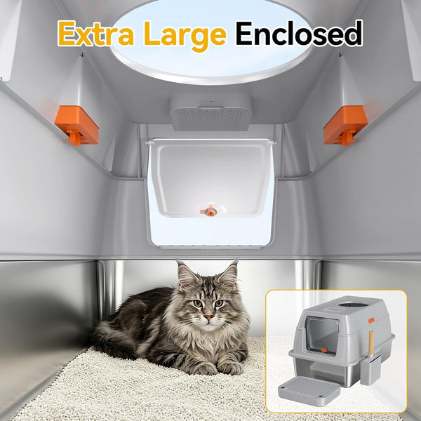 XL Enclosed Stainless Steel Litter Box with Lid, Light Gray | Covered, High Sided, Rustproof & Leak Proof, Easy Clean, Odor Control, Includes Scoop & Step3