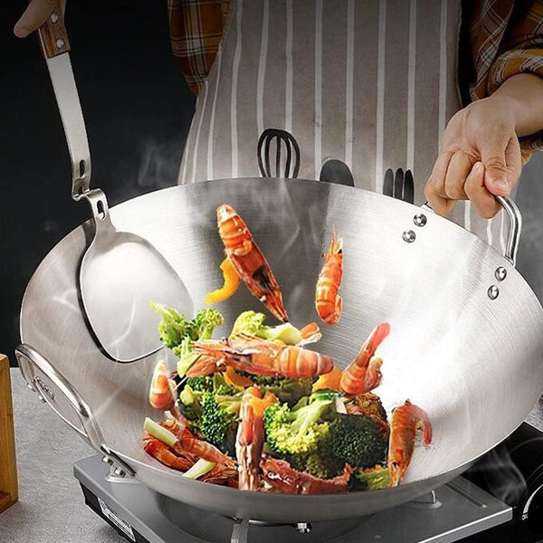 Stainless Steel Wok 12.59 Inch Double Ear Frying Pan with 2 Handles Practical Cooking Wok for Stir Frying Meat and Vegetables Home Kitchen Cookware4