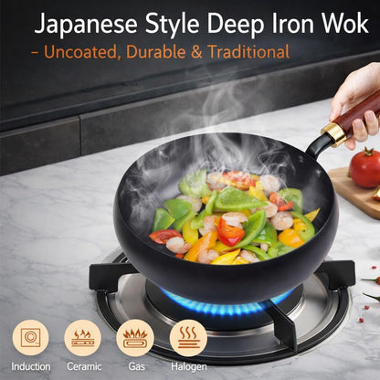 Japanese Cast Iron Wok with Wooden Lid & Spatula, 11 Inch Hand-Hammered Uncoated Iron Pot, Naturally Non-Stick Frying Pan, Heavy Duty Cookware for Induction, Gas & Electric Stoves (Glass Lid, 10.2In)2