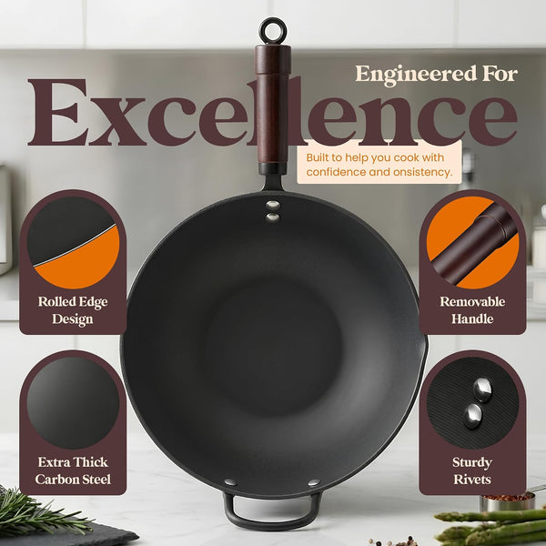 Carbon Steel Wok with Lid Ceramic Nonstick Flat Bottom Wok Pan Induction Compatible Stir Fry Wok Beech Wood Handle Glass Lid Healthy Cooking Wok for Gas Electric Ceramic Halogen Cooktops2